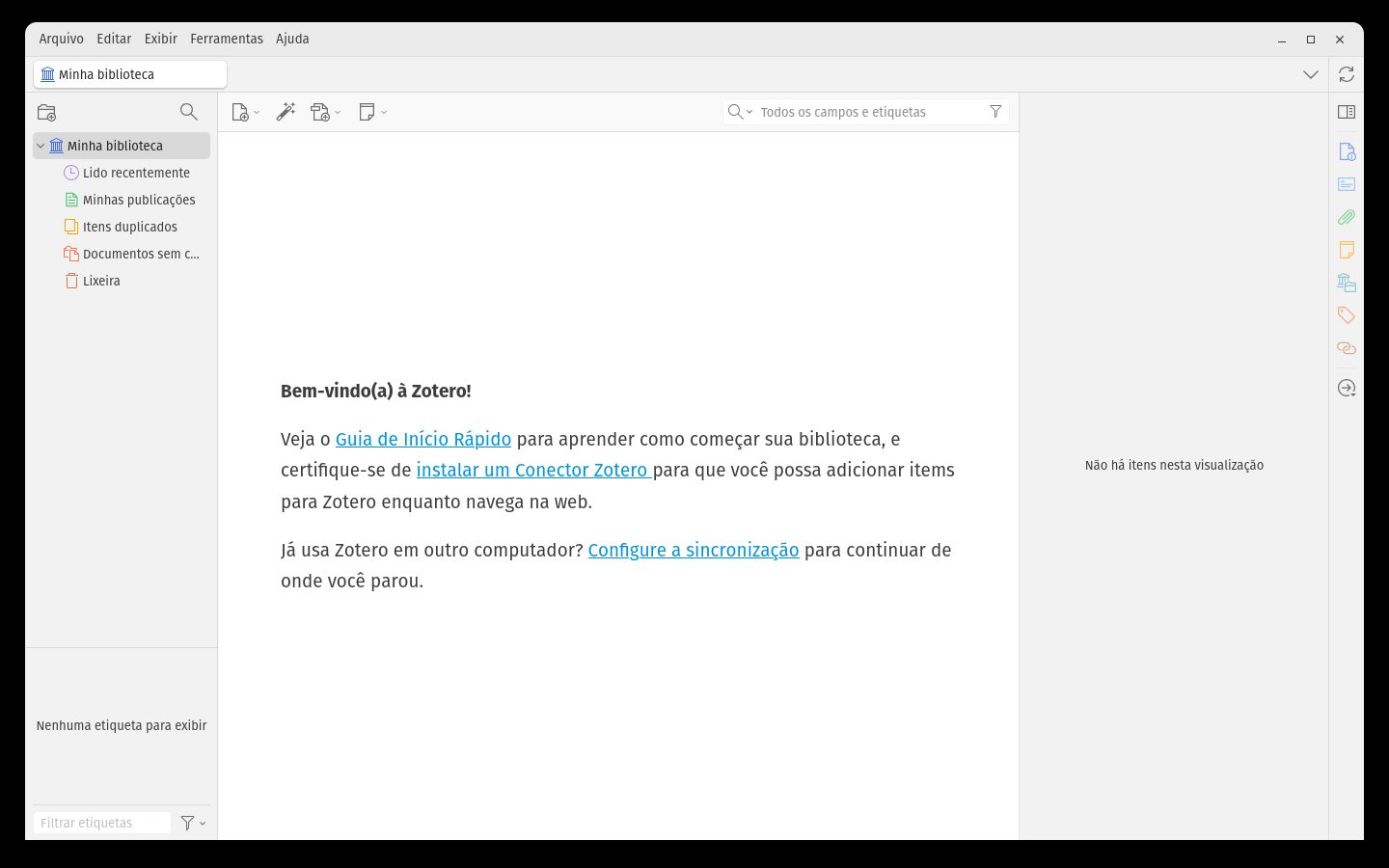 Janela principal do Zotero com os três painéis vazios