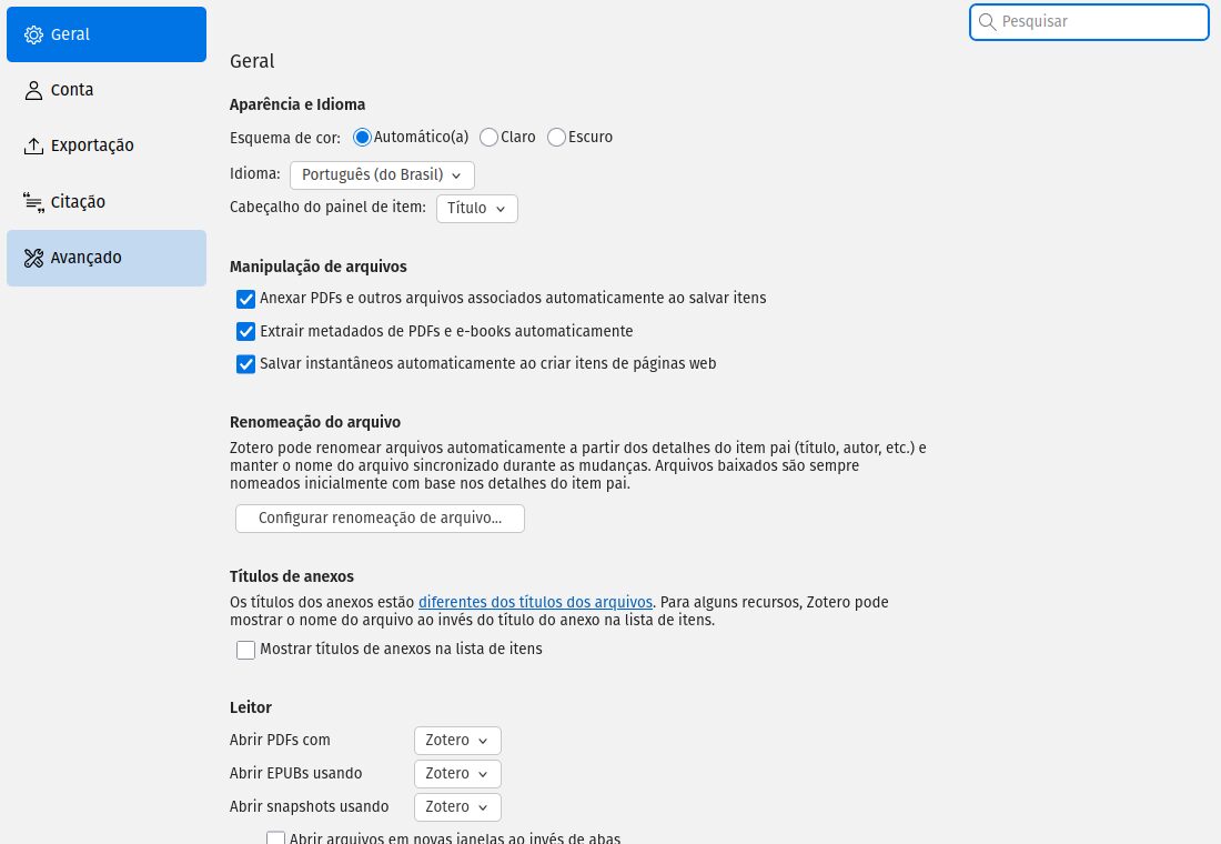 Configurações → Geral do Zotero, com o campo Idioma no alto