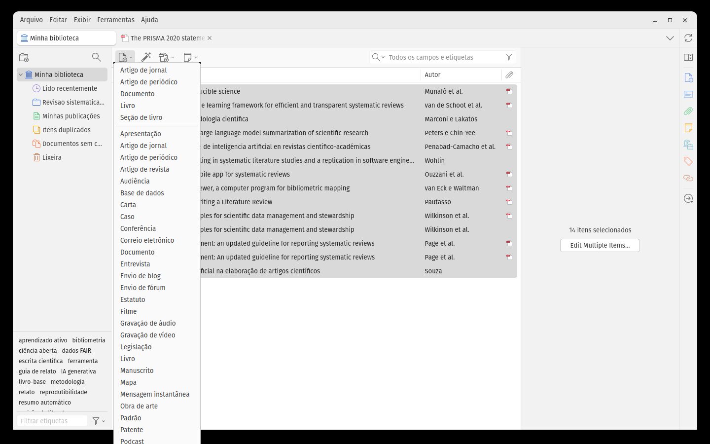 Menu Novo item com a lista de tipos de item
