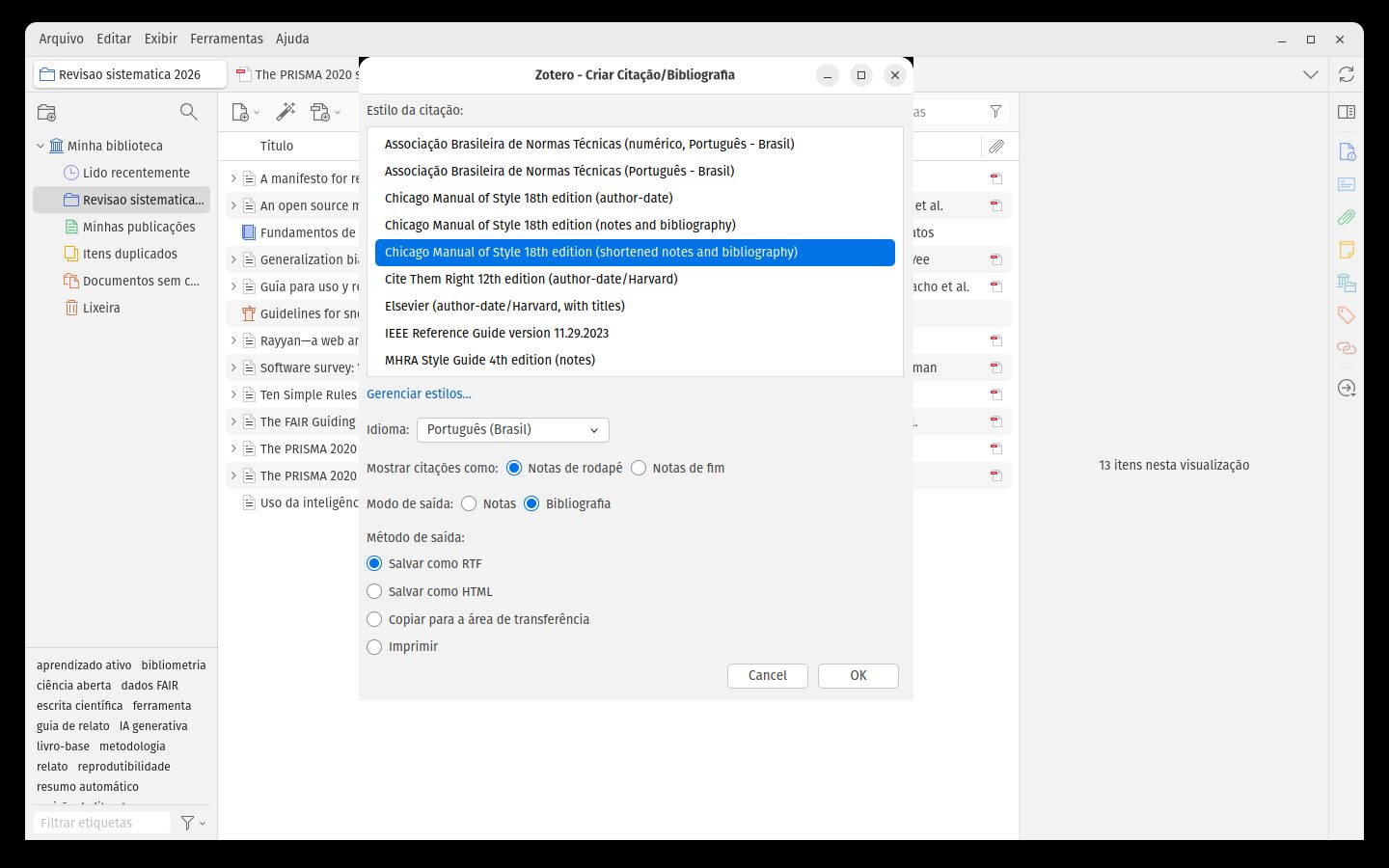 Diálogo Criar bibliografia com estilo, modo e método de saída
