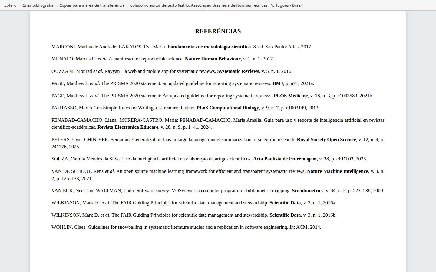 Bibliografia gerada no estilo ABNT colada num editor