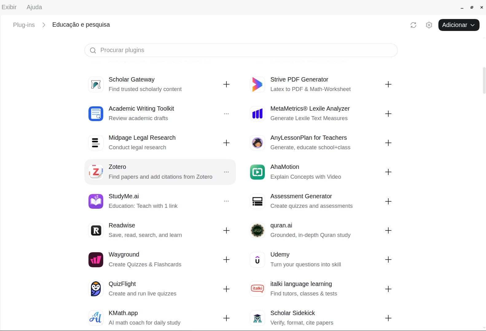 Diretório de plugins do Codex, categoria Educação e pesquisa, com o Zotero