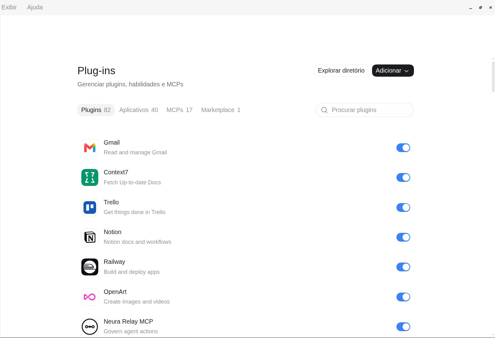 Codex: Configurações → Plug-ins, com Explorar diretório