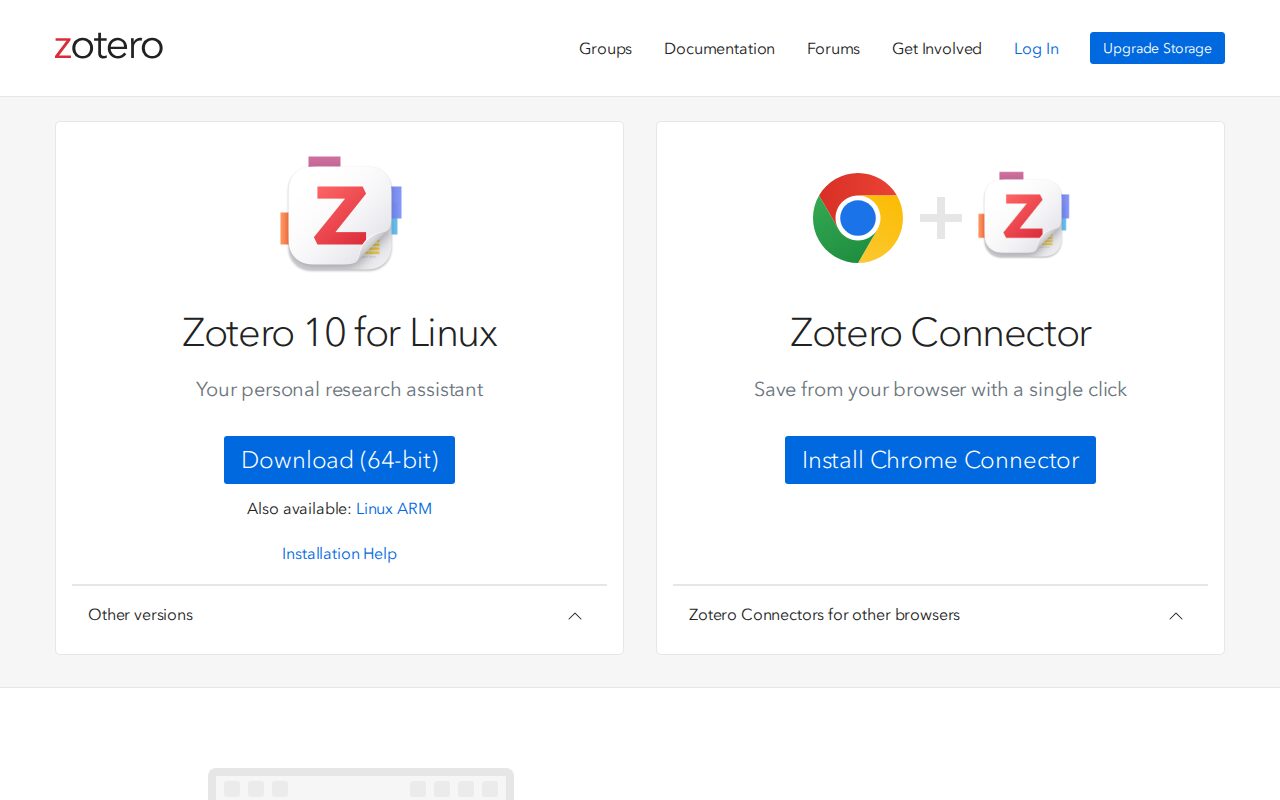 Página de download do Zotero com os botões do programa e do Connector